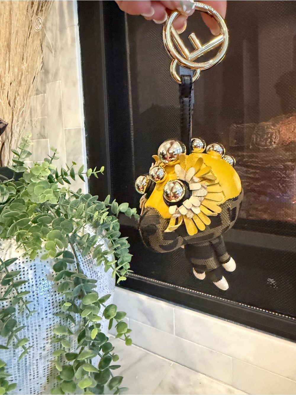 Fendi Monster Bag Bug Charm Keychain Yellow & Black Fur Pom Pom Bag Accessory